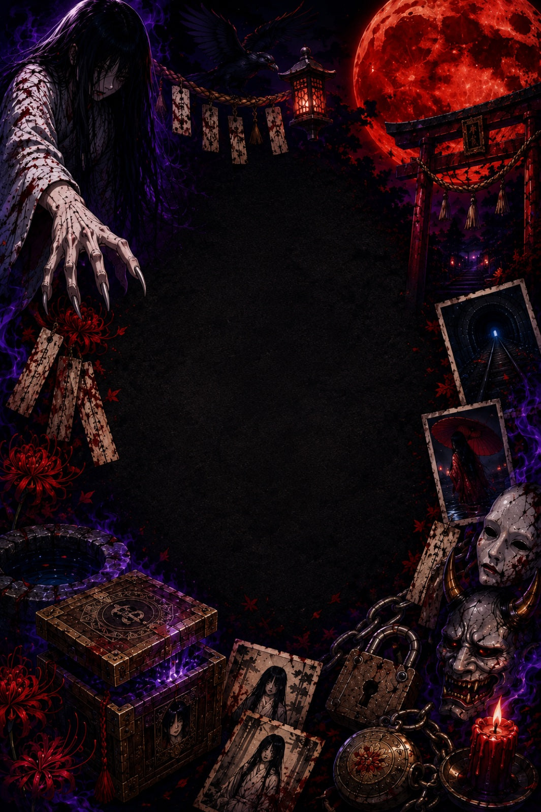 Back cover art for The Midnight Compendium, a book of Japanese urban legends and yurei ghost stories